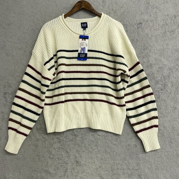 Gap Women's L Striped Sweater Cream Multicolor Cotton Ribbed Knit  M0491 - Picture 2 of 10